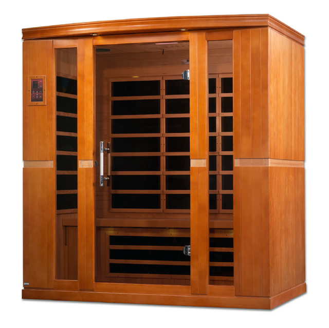 Dynamic Saunas Bergamo FAR Infrared Sauna in Canadian Hemlock, featuring eight carbon heating panels, Bluetooth music system, chromotherapy lighting, and spacious design for up to four people, with sleek tempered glass door, roof vent, easy setup, and 5-year warranty for a luxurious home sauna experience.