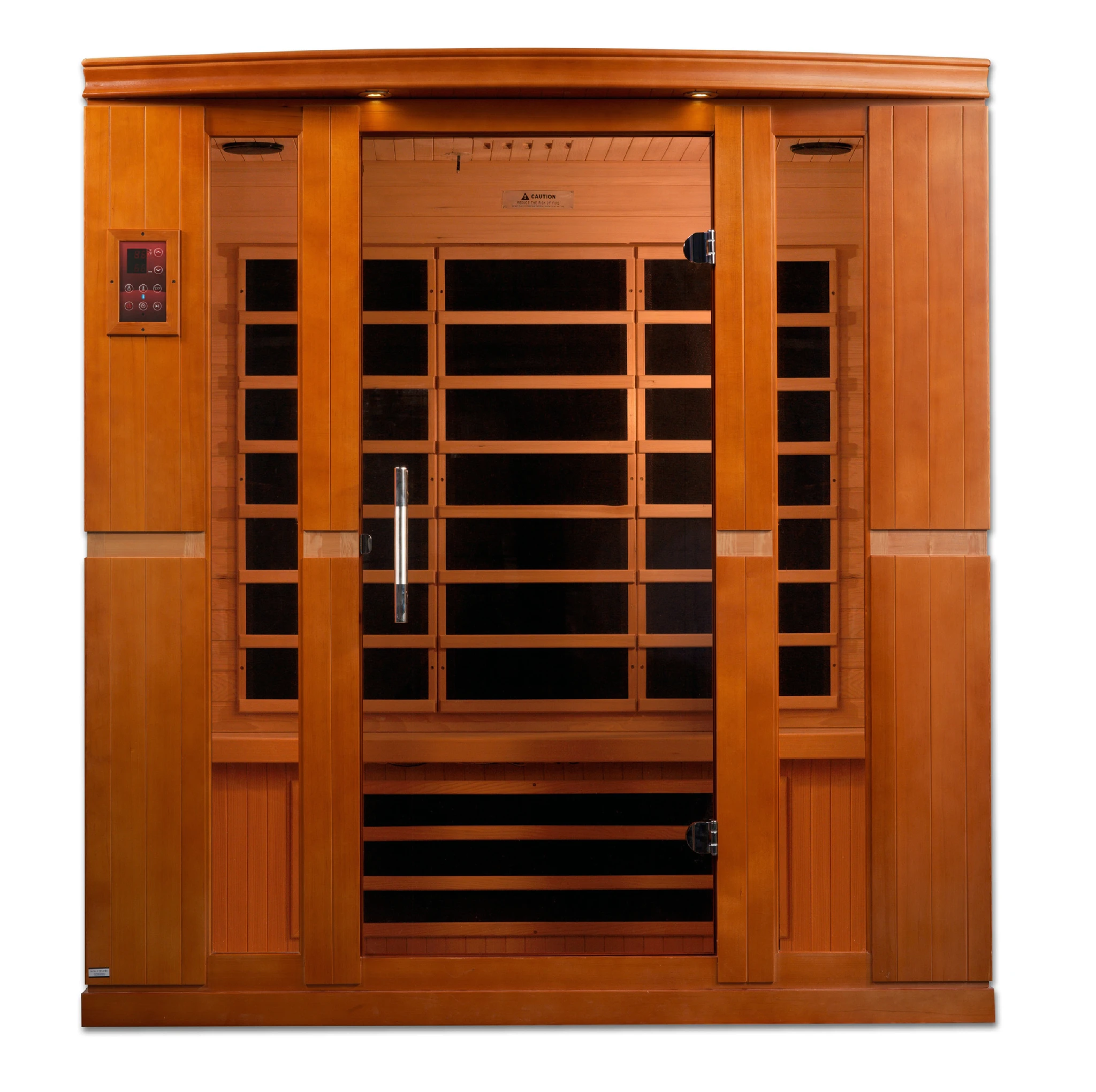 Dynamic Saunas Bergamo FAR Infrared Sauna in Canadian Hemlock, featuring eight carbon heating panels, Bluetooth music system, chromotherapy lighting, and spacious design for up to four people, with sleek tempered glass door, roof vent, easy setup, and 5-year warranty for a luxurious home sauna experience.