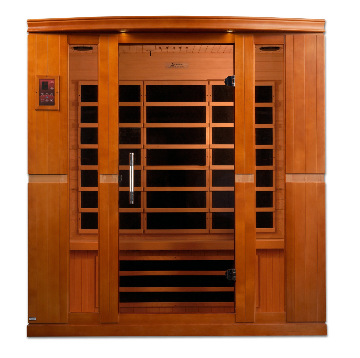 Dynamic Saunas Bergamo FAR Infrared Sauna in Canadian Hemlock, featuring eight carbon heating panels, Bluetooth music system, chromotherapy lighting, and spacious design for up to four people, with sleek tempered glass door, roof vent, easy setup, and 5-year warranty for a luxurious home sauna experience.