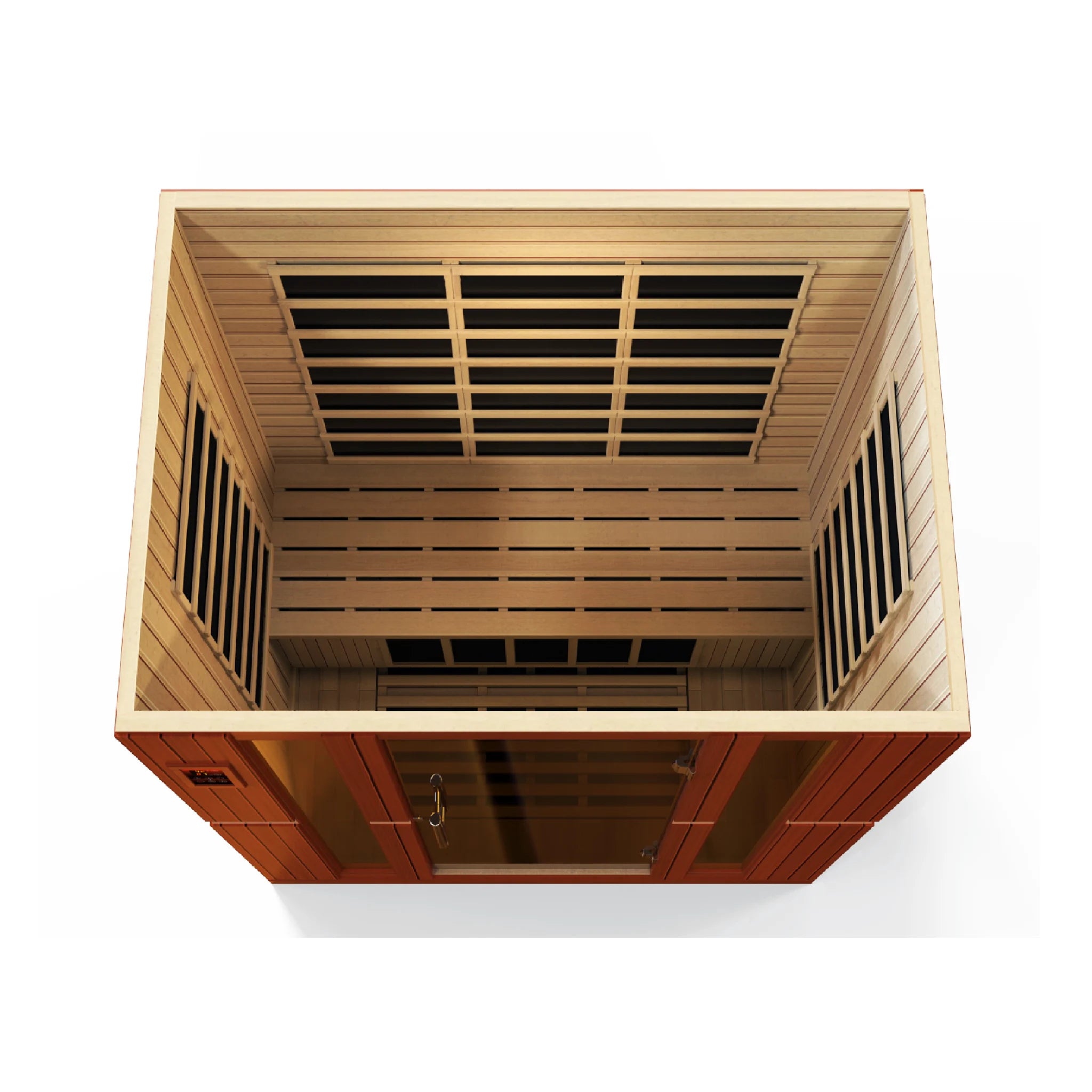 Dynamic Saunas Bergamo FAR Infrared Sauna in Canadian Hemlock, featuring eight carbon heating panels, Bluetooth music system, chromotherapy lighting, and spacious design for up to four people, with sleek tempered glass door, roof vent, easy setup, and 5-year warranty for a luxurious home sauna experience.