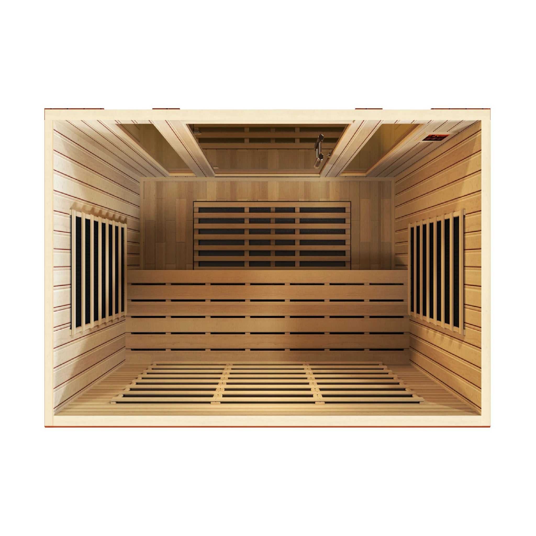 Dynamic Saunas Bergamo FAR Infrared Sauna in Canadian Hemlock, featuring eight carbon heating panels, Bluetooth music system, chromotherapy lighting, and spacious design for up to four people, with sleek tempered glass door, roof vent, easy setup, and 5-year warranty for a luxurious home sauna experience.