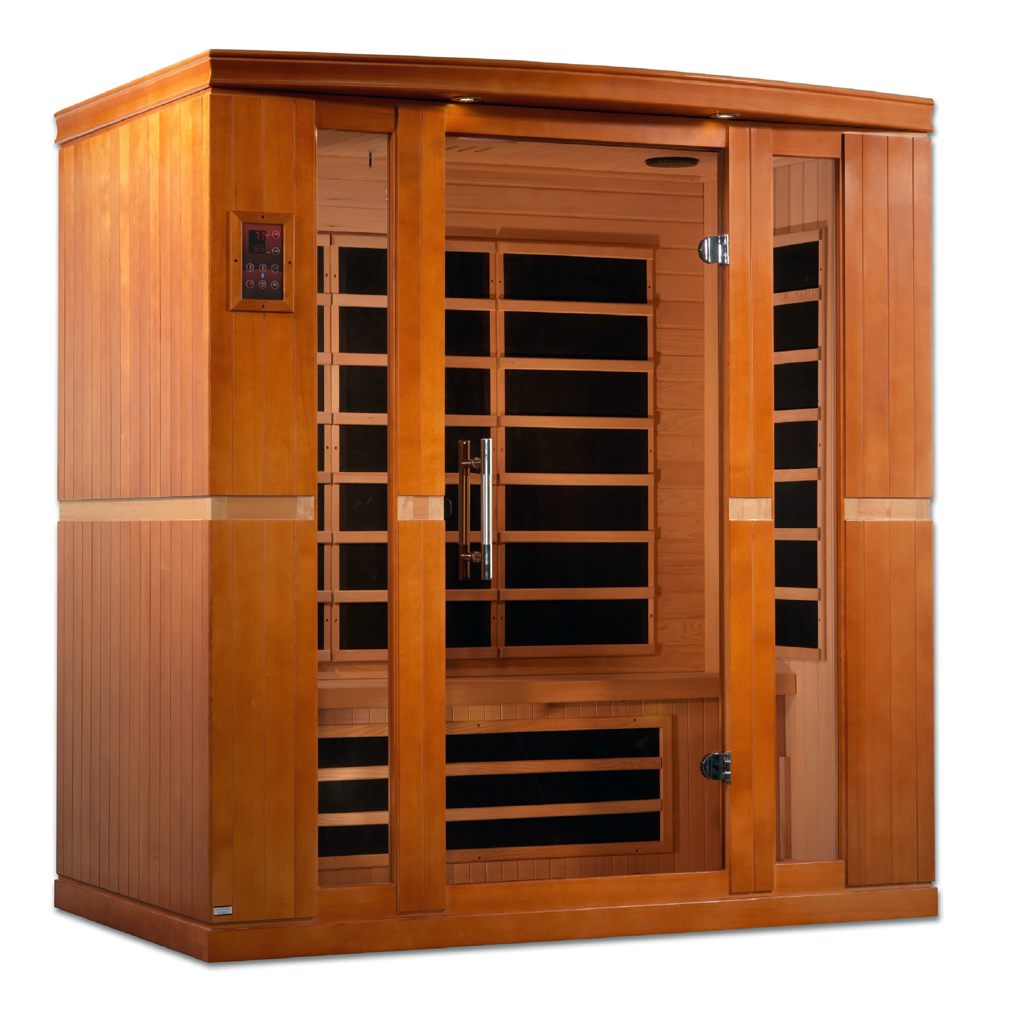 Dynamic Saunas Bergamo FAR Infrared Sauna in Canadian Hemlock, featuring eight carbon heating panels, Bluetooth music system, chromotherapy lighting, and spacious design for up to four people, with sleek tempered glass door, roof vent, easy setup, and 5-year warranty for a luxurious home sauna experience.
