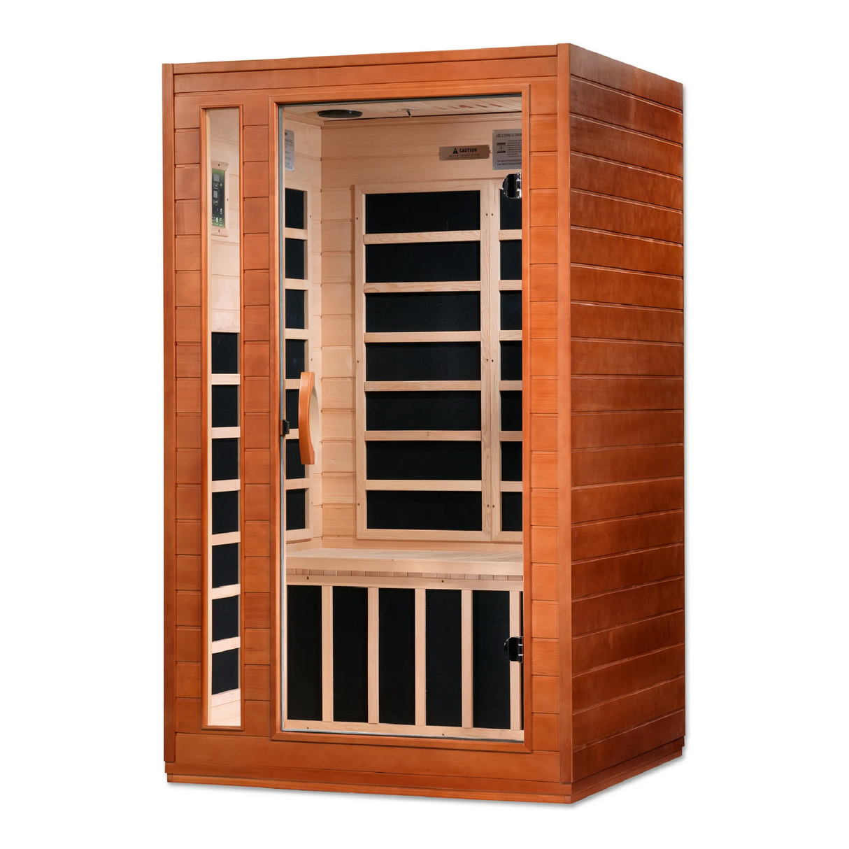 Transform your home with the Dynamic Cordoba FAR Infrared Sauna, accommodating two people with Canadian Hemlock construction, seven low EMF heating panels, Bluetooth music, chromotherapy lighting, and a sleek tempered glass door for a luxurious and rejuvenating sauna experience.
