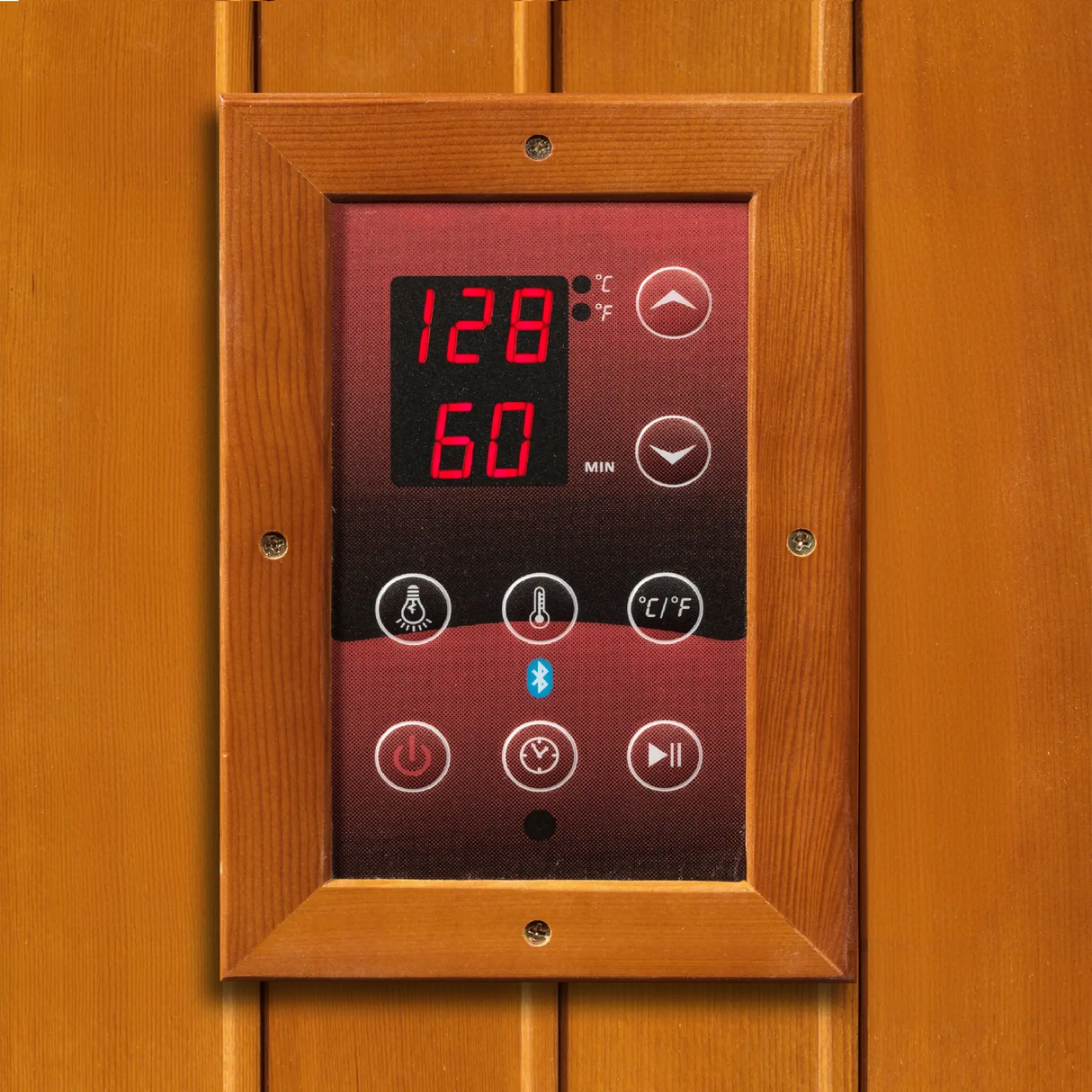 LED control panel on a wooden sauna