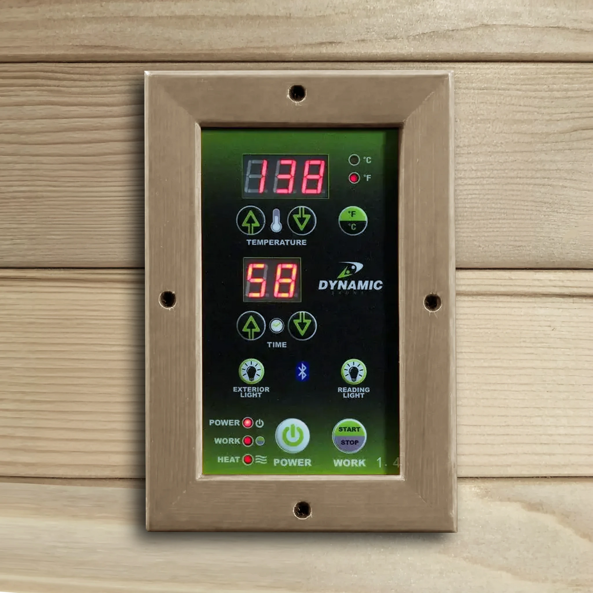 LED display control panel inside a sauna