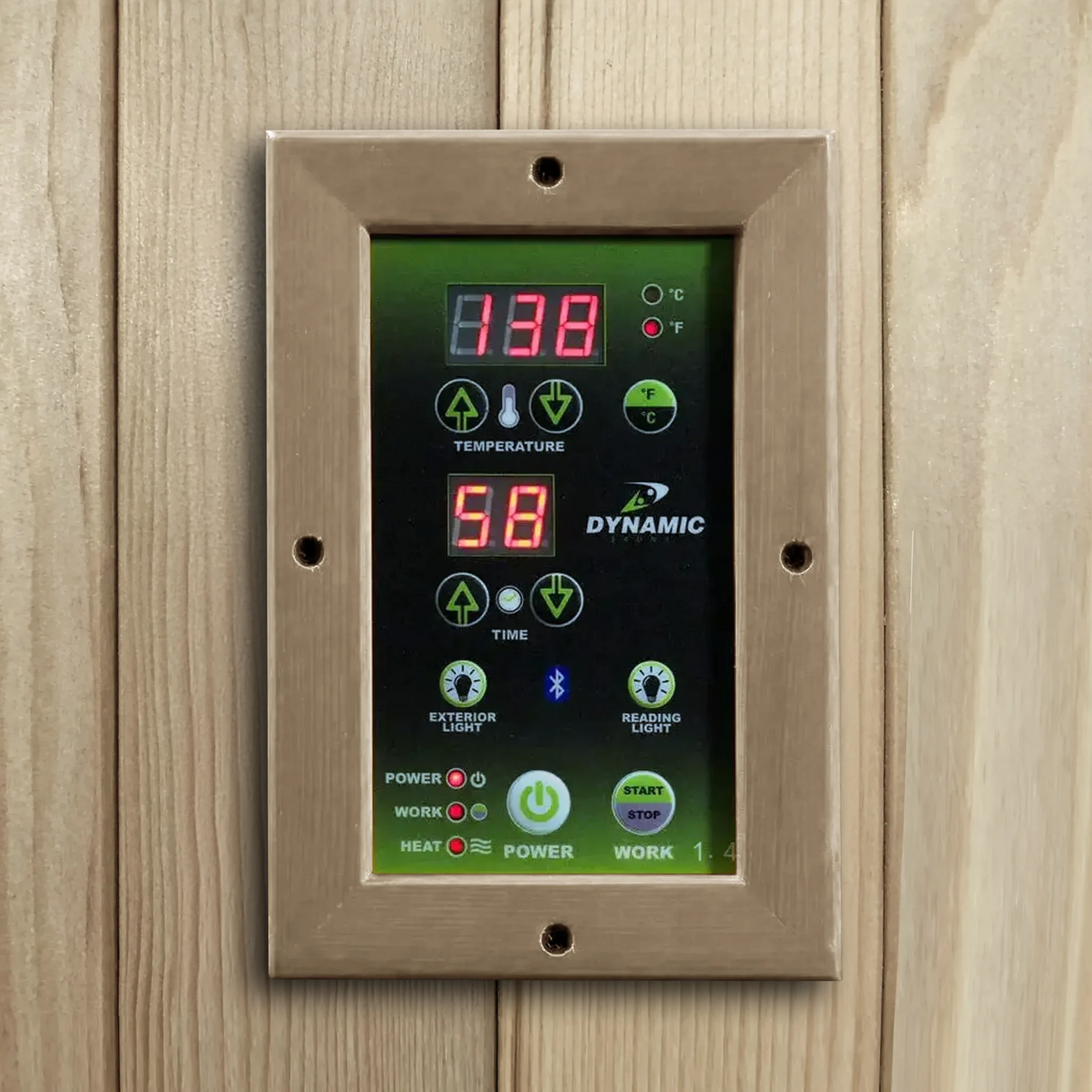 Dynamic Saunas Bellagio FAR Infrared Sauna in Canadian Hemlock, featuring nine carbon heating panels, Bluetooth music system, chromotherapy lighting, and spacious design for three people. Sleek tempered glass door with side windows and roof vent, easy setup, and 5-year warranty ensure a luxurious home sauna experience.