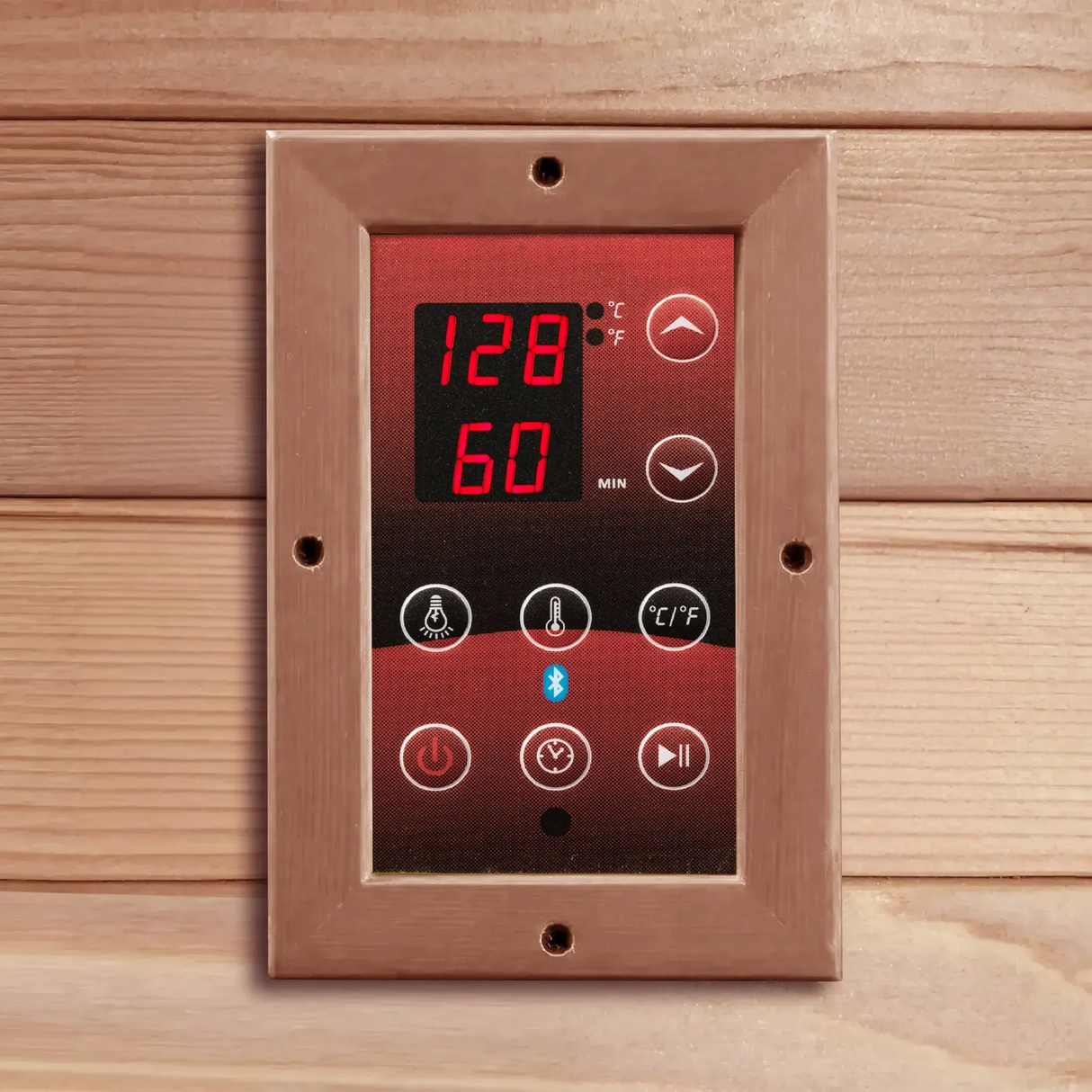Closeup image of an LED control panel in a sauna