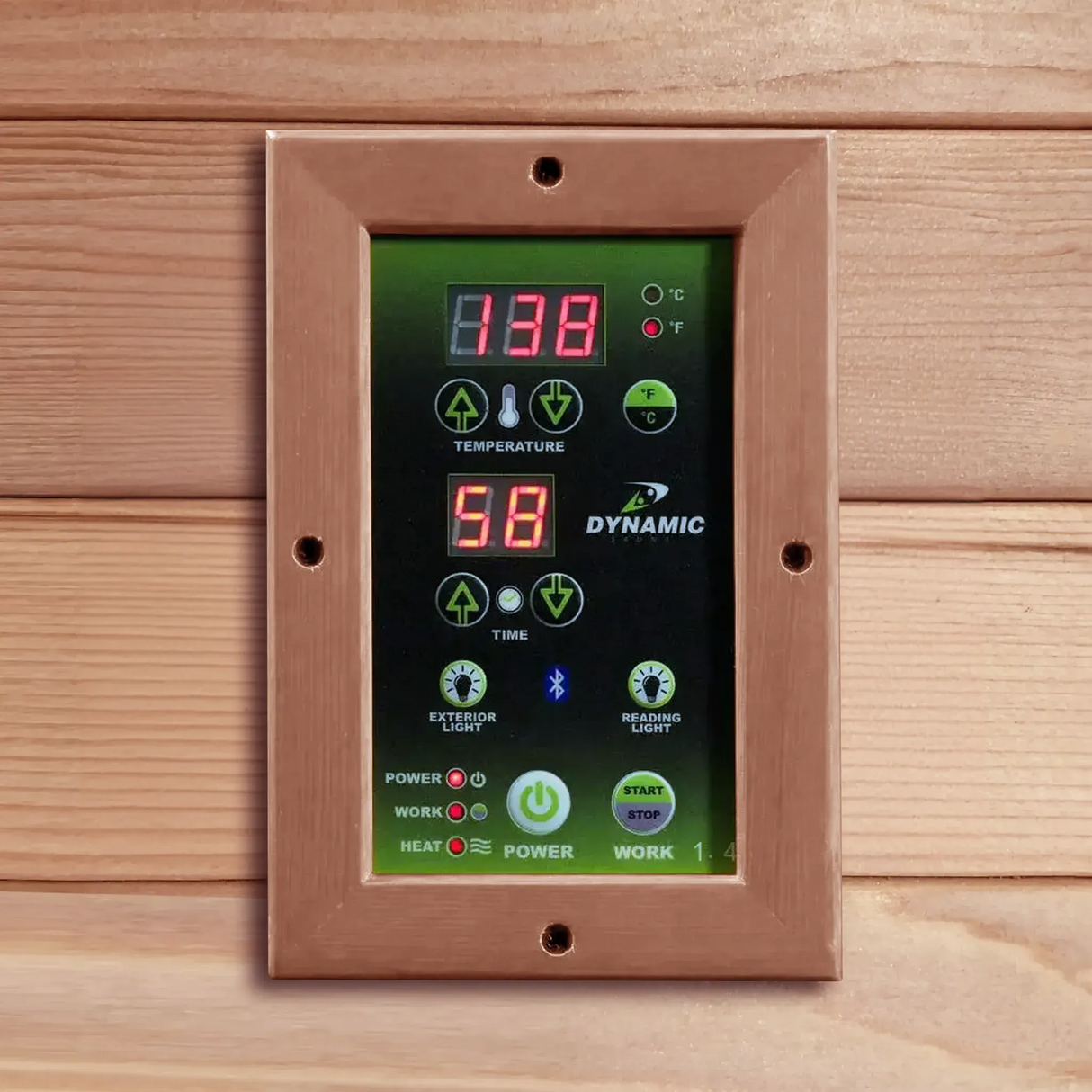 Green LED display with wooden frame from inside of a sauna sold by Blue Sky Fitness Supply