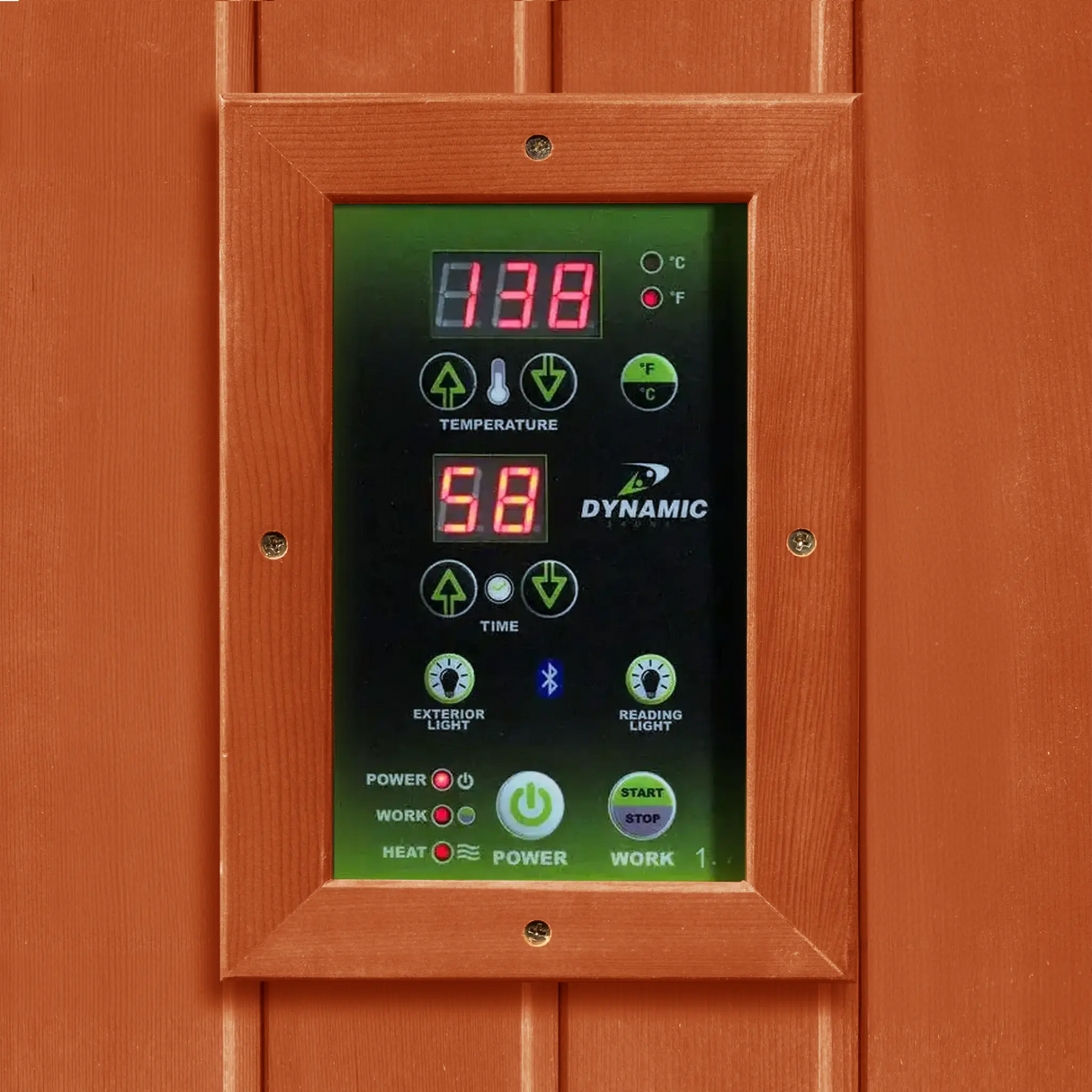 Green LED display panel found inside of a sauna sold by Blue Sky Fitness Supply