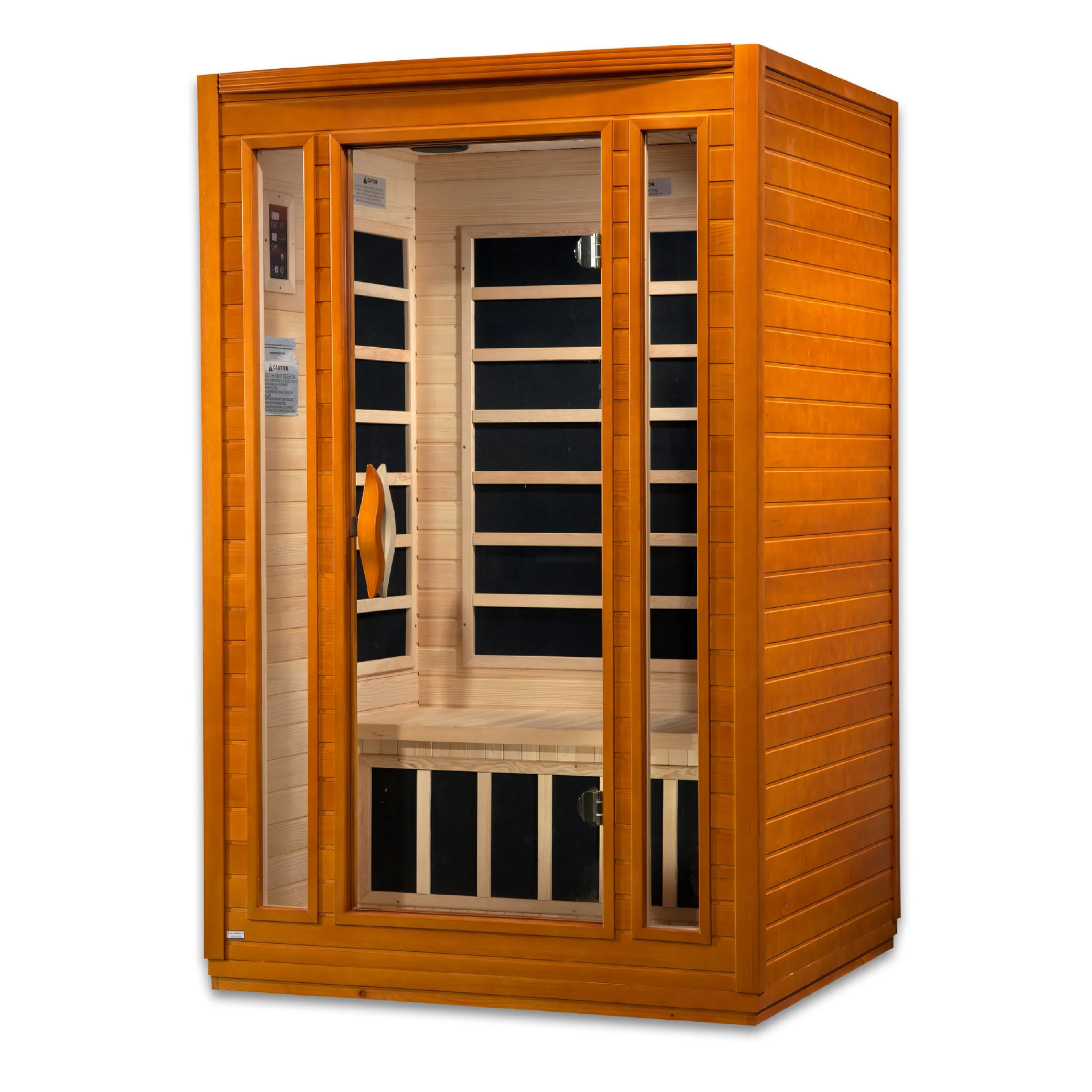 Dynamic Saunas FAR infrared San Marino model sauna built for indoor use with a 2 person capacity and a rich red brown exterior color