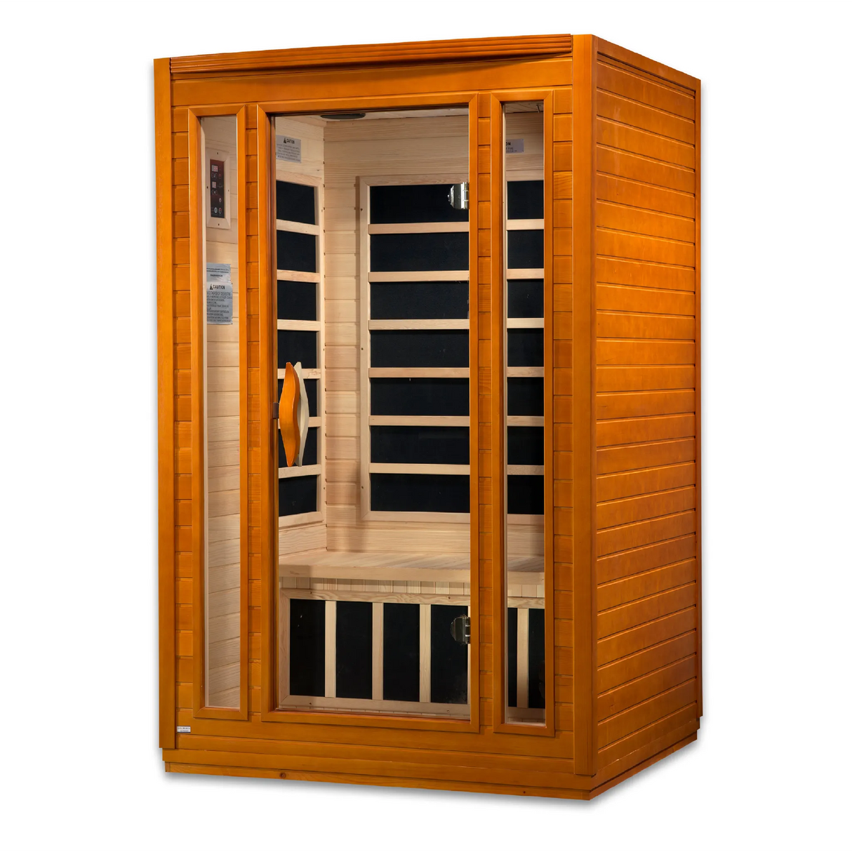 Dynamic Saunas FAR infrared San Marino model sauna built for indoor use with a 2 person capacity and a rich red brown exterior color
