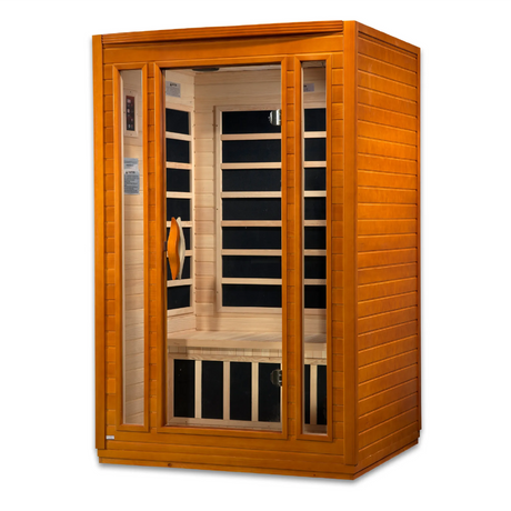 Dynamic Saunas FAR infrared San Marino model sauna built for indoor use with a 2 person capacity and a rich red brown exterior color
