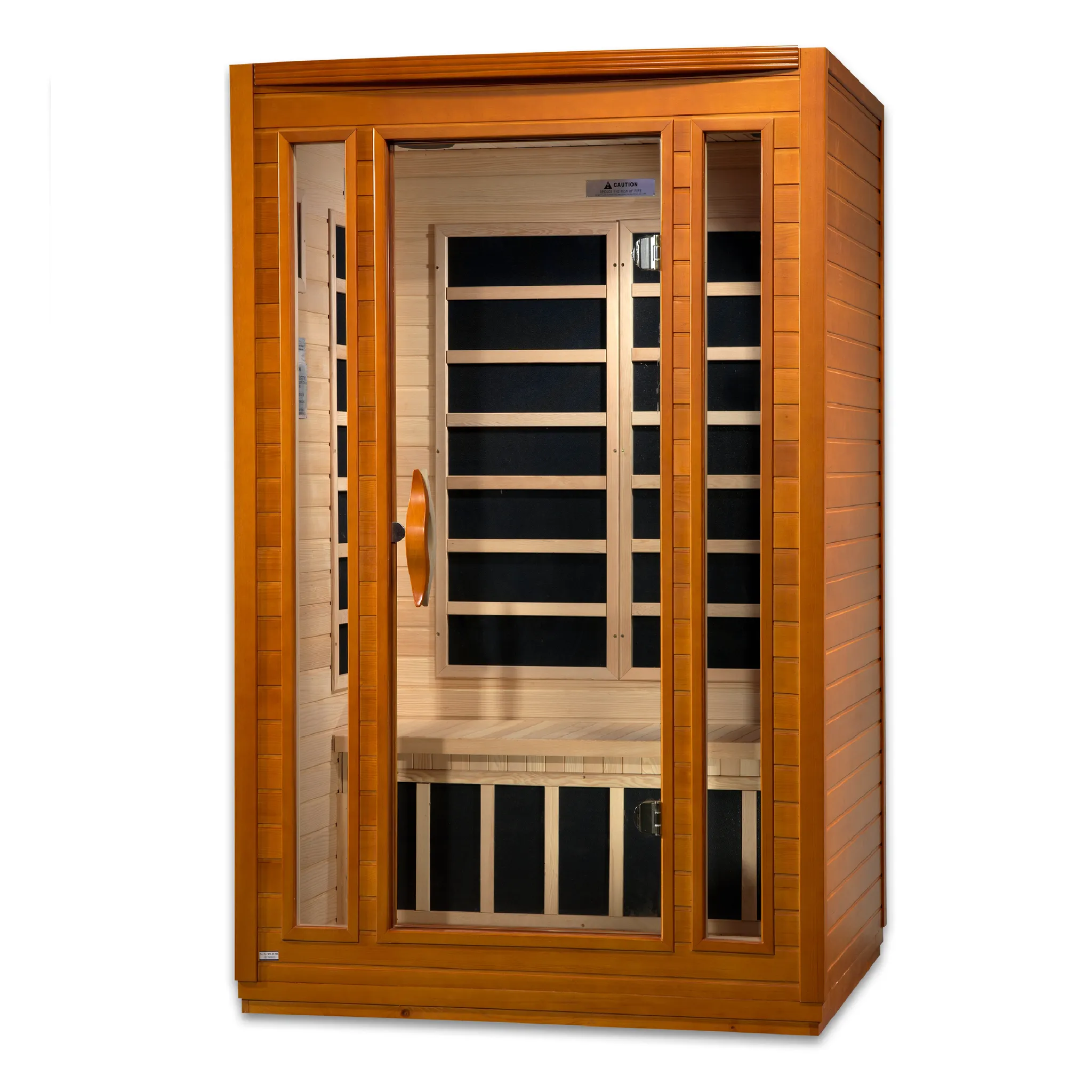 Dynamic Saunas FAR infrared San Marino model sauna built for indoor use with a 2 person capacity and a rich red brown exterior color