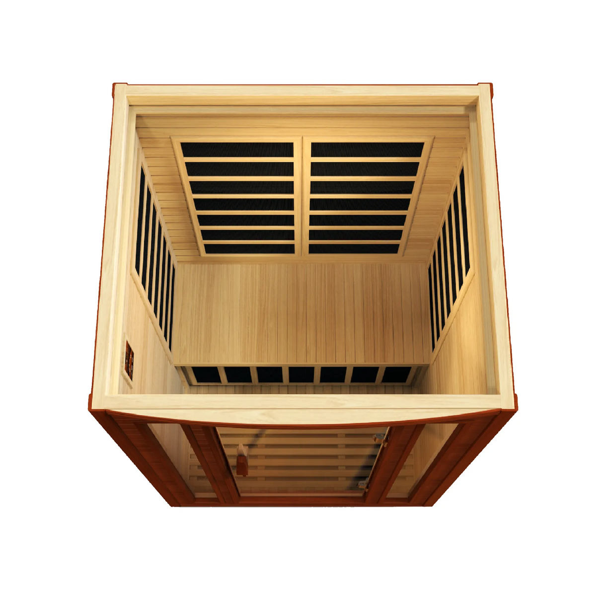 Dynamic Saunas FAR infrared San Marino model sauna built for indoor use with a 2 person capacity and a rich red brown exterior color