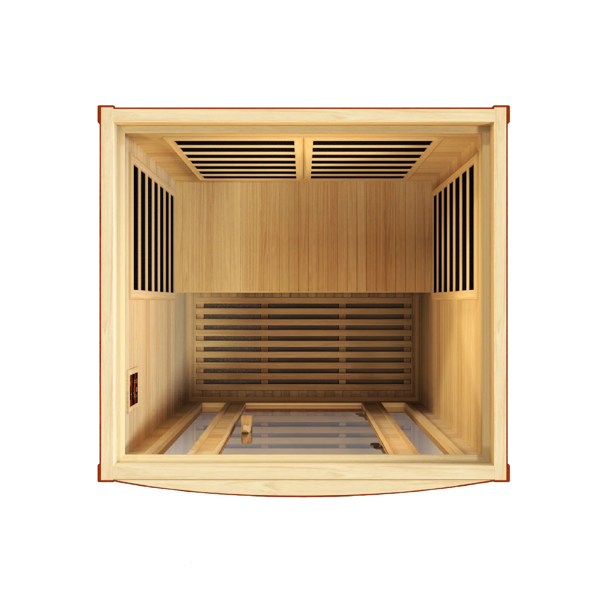 Dynamic Saunas FAR infrared San Marino model sauna built for indoor use with a 2 person capacity and a rich red brown exterior color