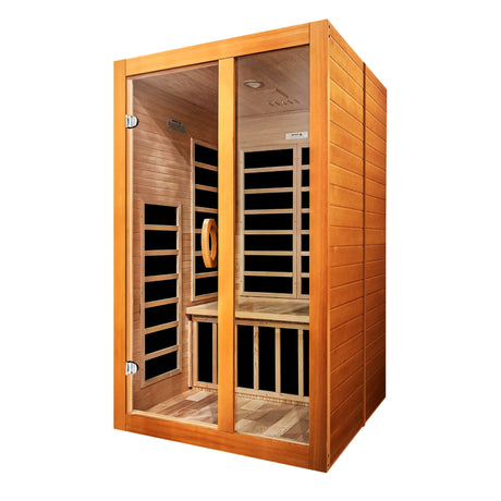 Dynamic Saunas FAR infrared Santiago model sauna built out of Canadian hemlock wood for indoor use with a 2 person capacity