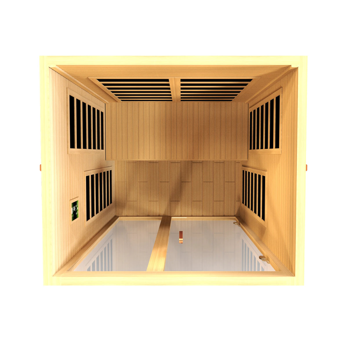 Dynamic Saunas FAR infrared Santiago model sauna built out of Canadian hemlock wood for indoor use with a 2 person capacity