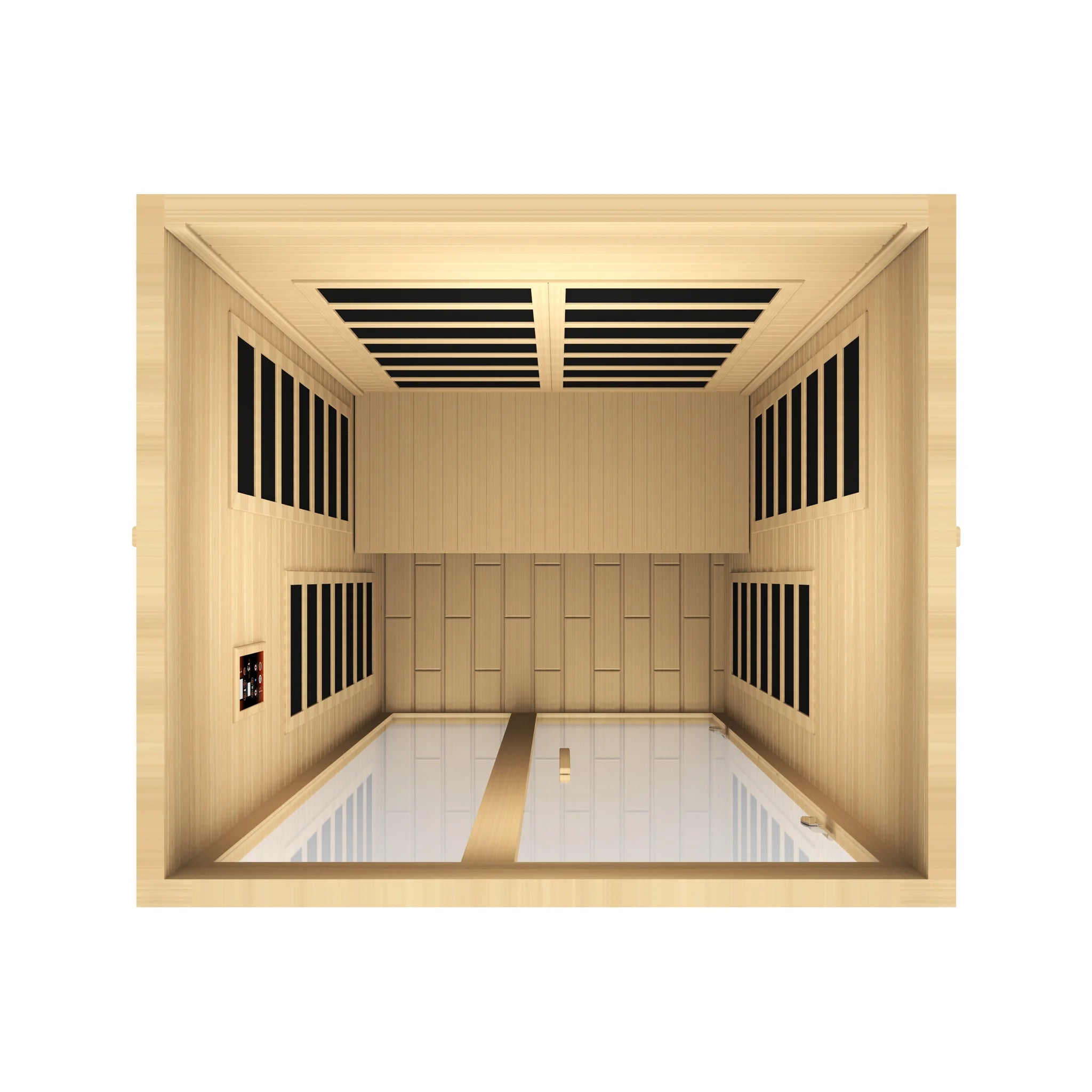 Dynamic Saunas FAR infrared Santiago model sauna built out of Canadian hemlock wood for indoor use with a 2 person capacity