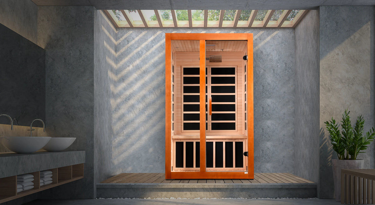 Dynamic Saunas FAR infrared Santiago model sauna built out of Canadian hemlock wood for indoor use with a 2 person capacity
