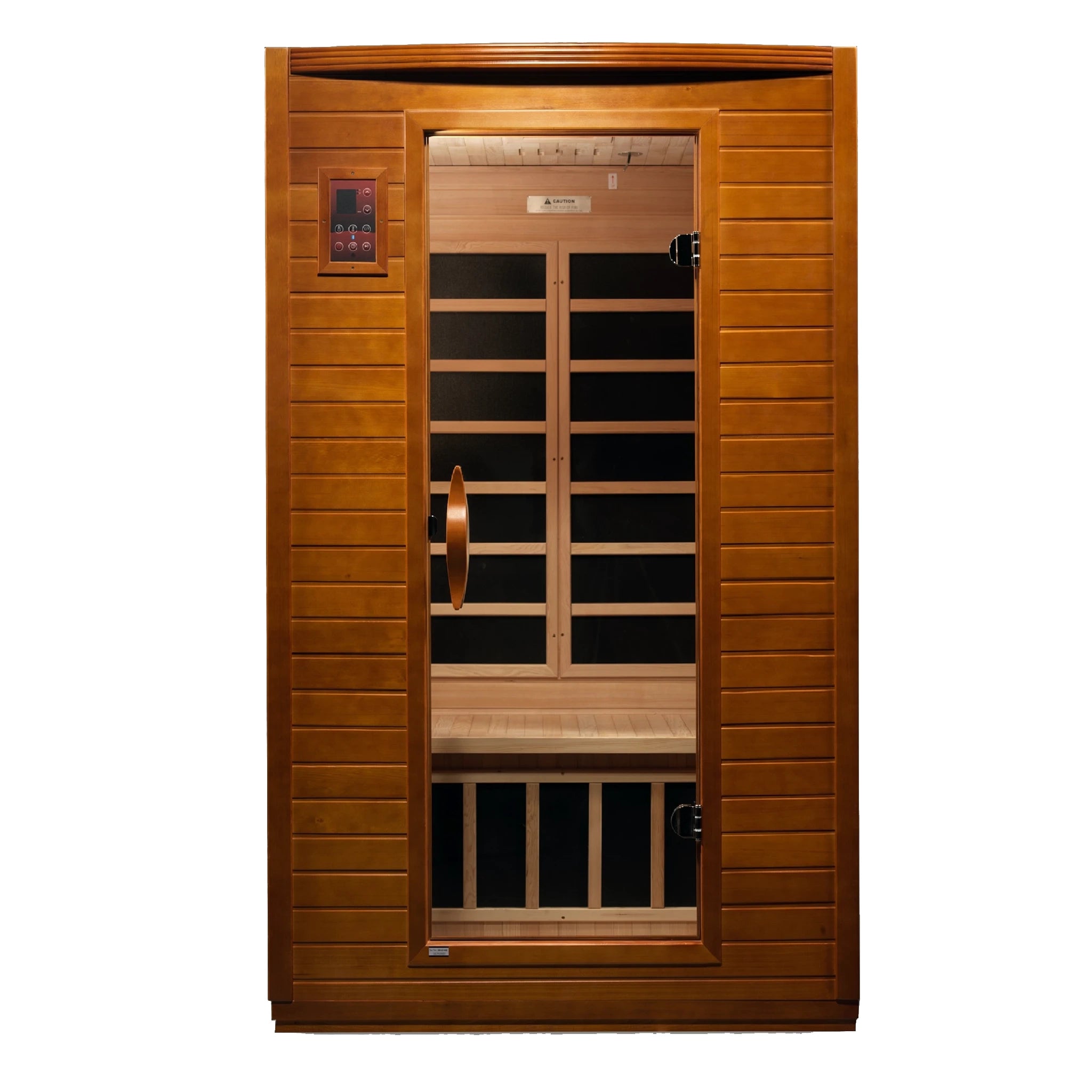Dynamic Saunas Versailles model sauna made from Canadian hemlock with 6 infrared heat panels inside and a two person capacity