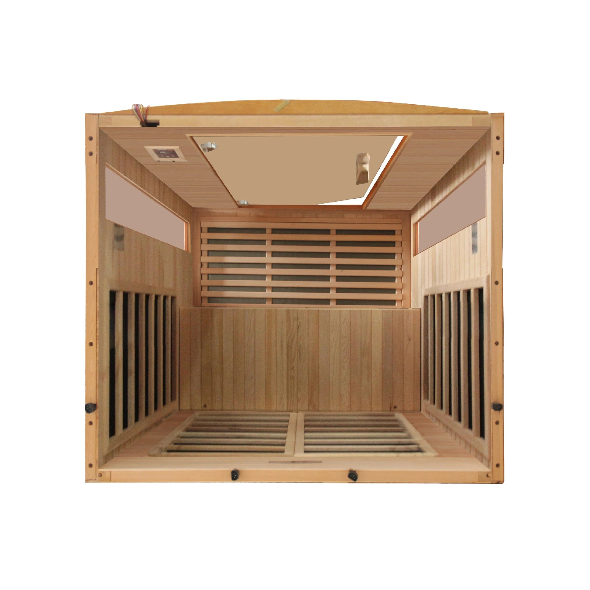 Dynamic Saunas Versailles model sauna made from Canadian hemlock with 6 infrared heat panels inside and a two person capacity
