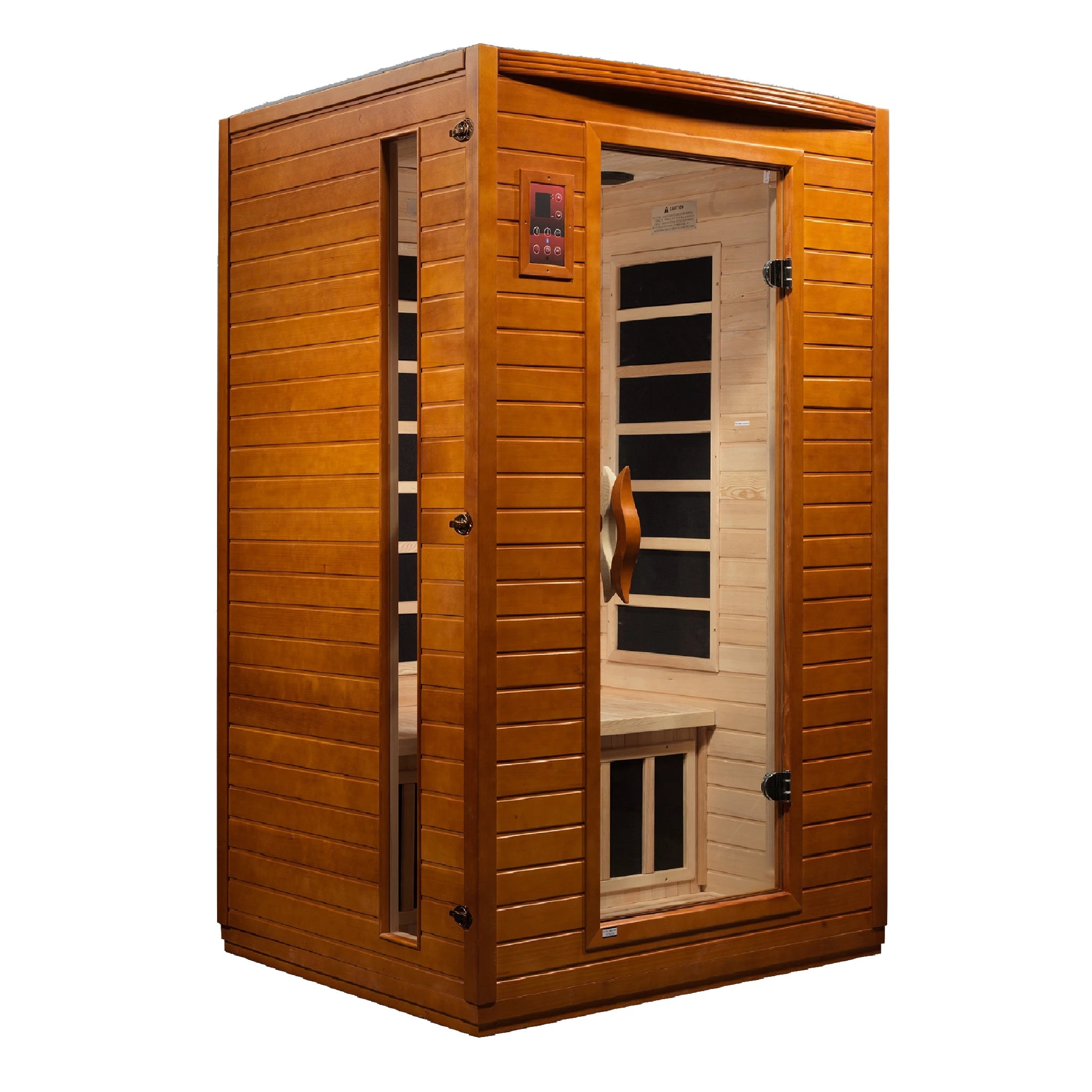 Dynamic Saunas Versailles model sauna made from Canadian hemlock with 6 infrared heat panels inside and a two person capacity