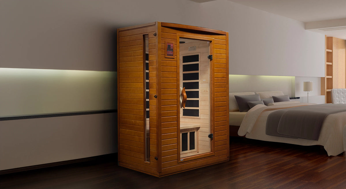 Dynamic Saunas Versailles model sauna made from Canadian hemlock with 6 infrared heat panels inside and a two person capacity