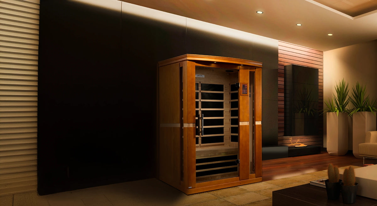 Dynamic Saunas Vittoria model FAR infrared sauna with 6 infrared panels a 2 person capacity and made from Canadian hemlock wood inside of a living room