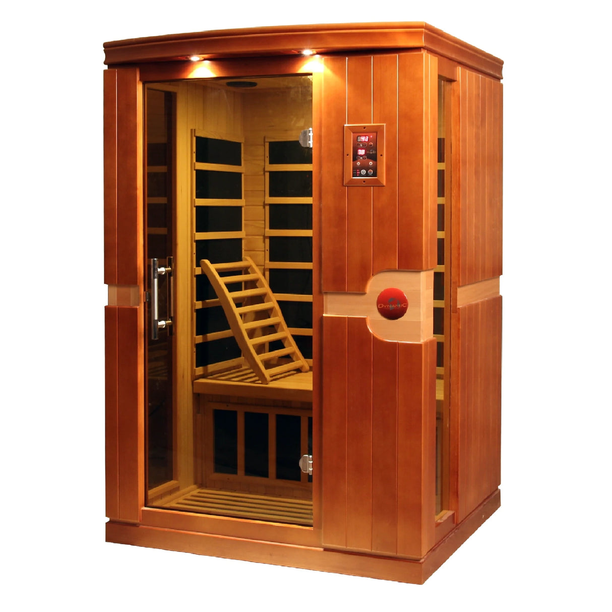 Venice model sauna by Dynamic Saunas made from Canadian hemlock with a two person capacity