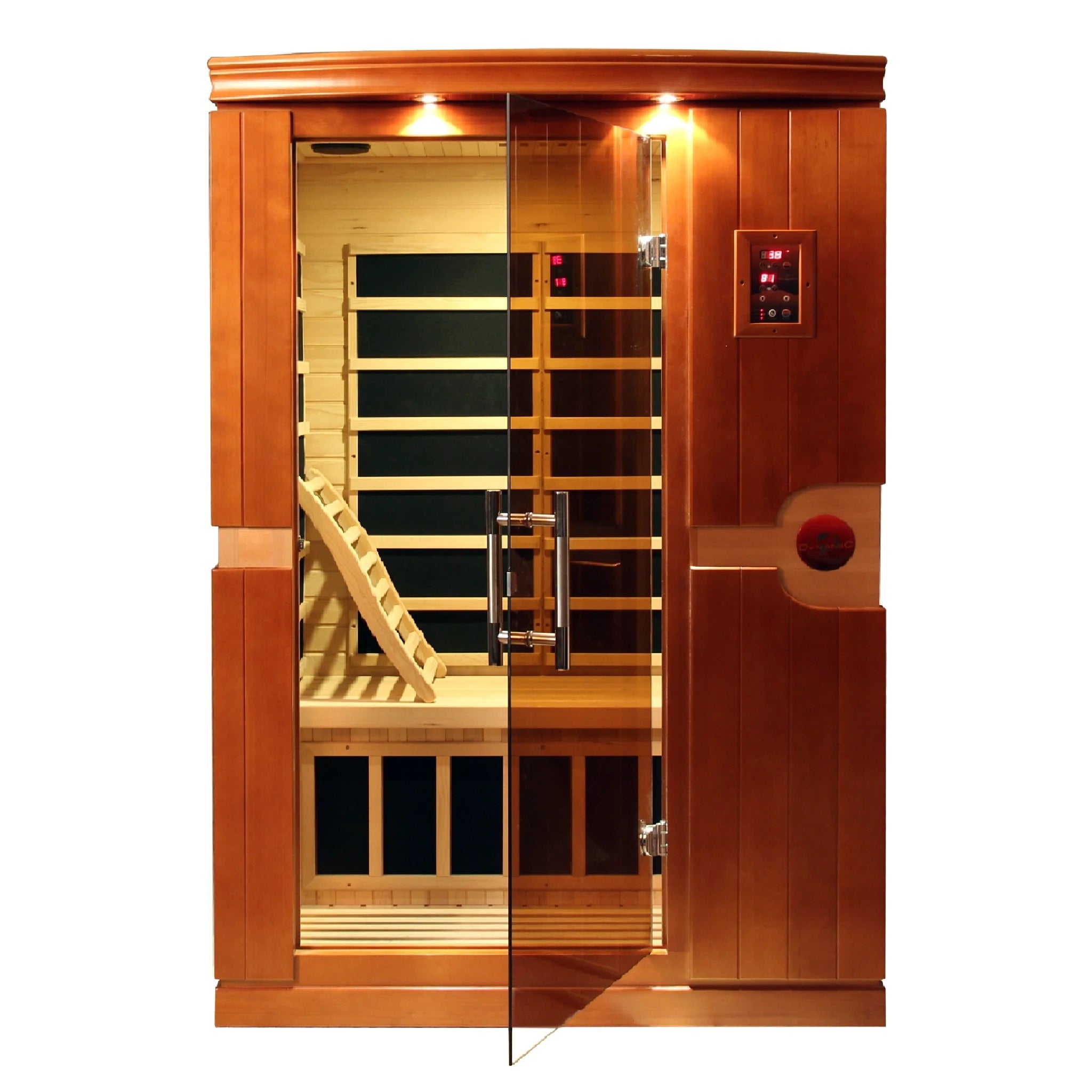 Venice model sauna by Dynamic Saunas made from Canadian hemlock with a two person capacity