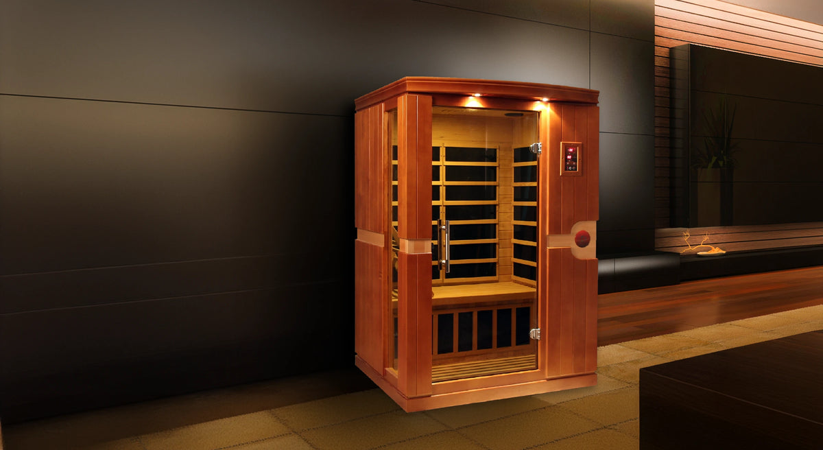 Venice model sauna by Dynamic Saunas made from Canadian hemlock with a two person capacity