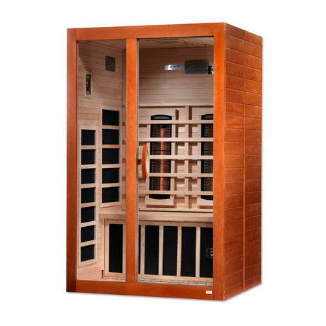 Dynamic Saunas full spectrum infrared Santiago model sauna with two person capacity made from Canadian hemlock wood