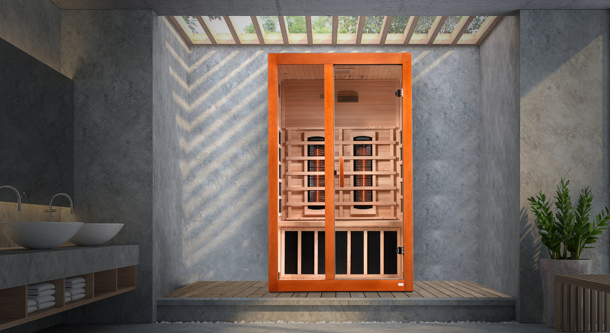 Dynamic Saunas full spectrum infrared Santiago model sauna with two person capacity made from Canadian hemlock wood