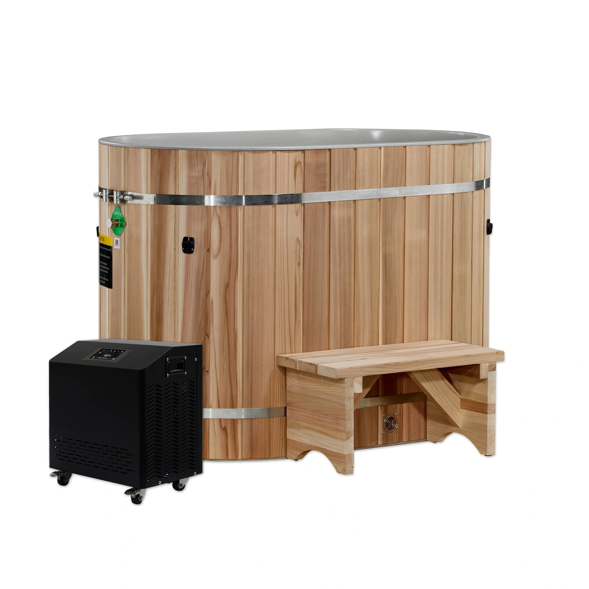 Wooden oval red cedar cold plunge with a portable step and a chiller on a white background