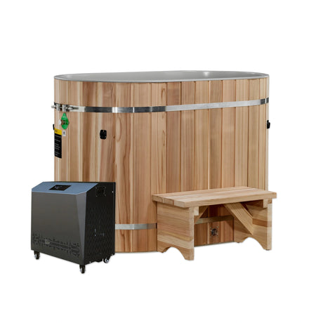 Wooden oval red cedar cold plunge with a portable step and a chiller on a white background