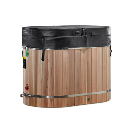 Wooden oval red cedar cold plunge with a removeable foam cover on a white background