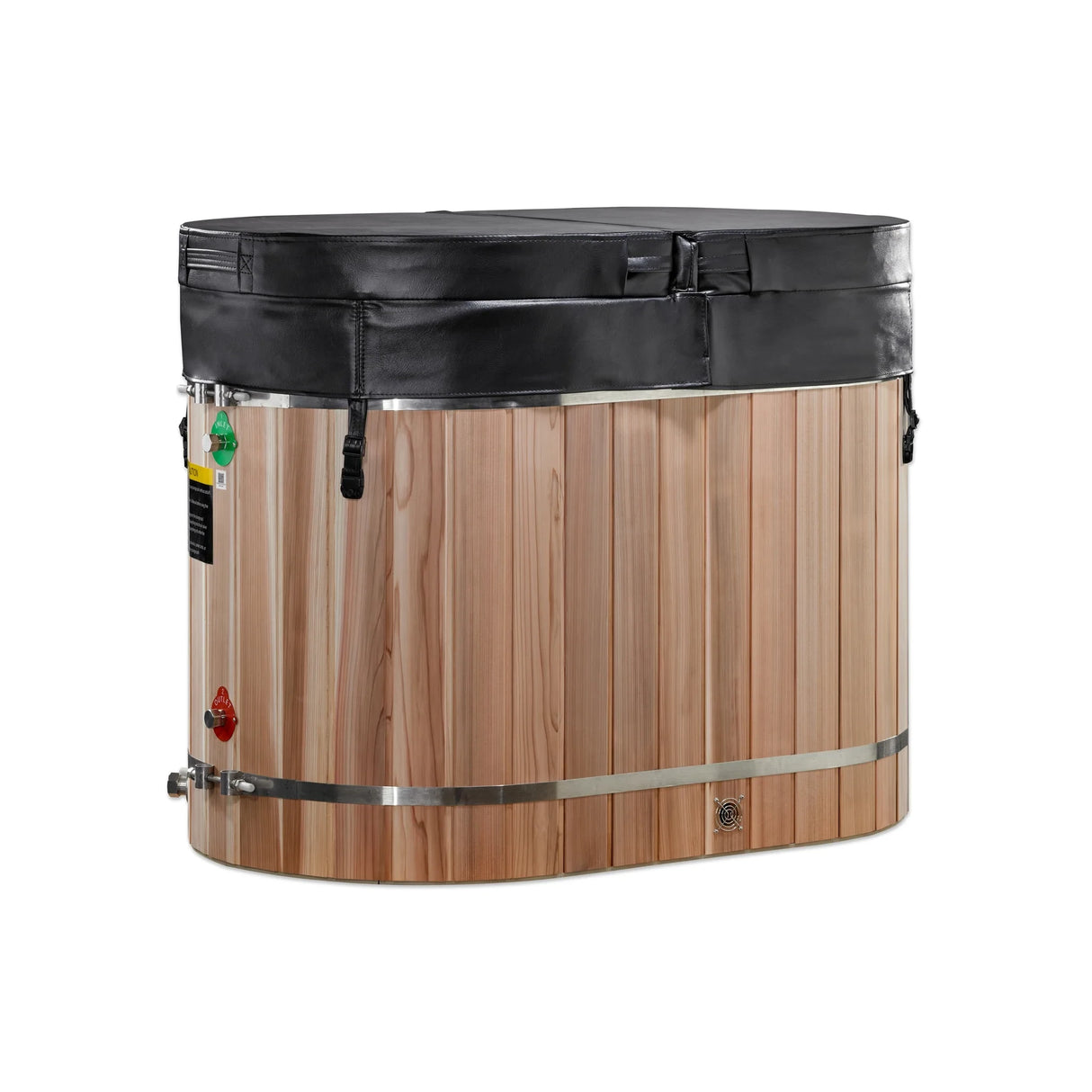 Wooden oval red cedar cold plunge with a removeable foam cover on a white background