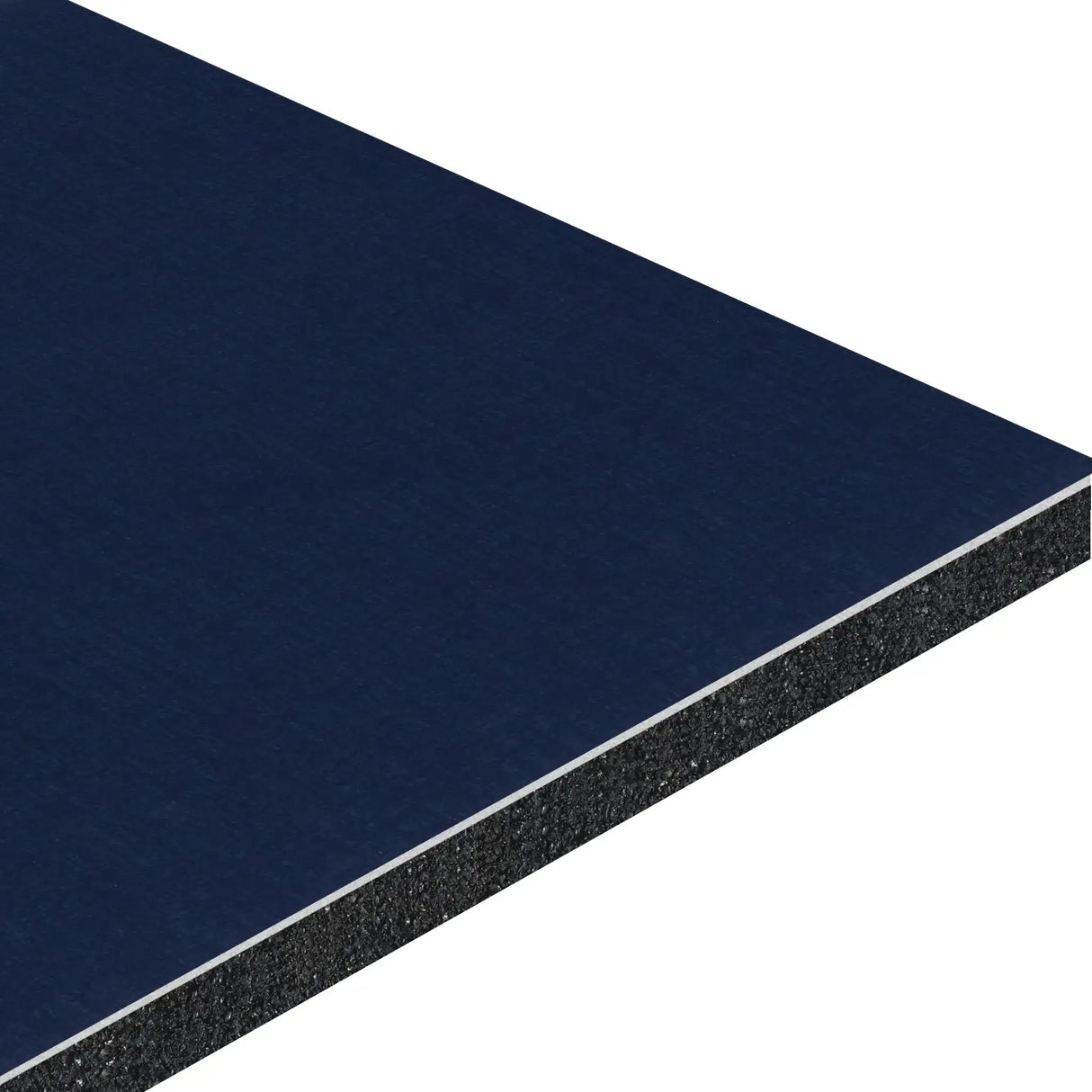 A close-up of the ECORE Baller Rally Laminate Roll - 14mm Class 2 Flooring by ECORE Athletic shows its rectangular panel, dark blue top surface, and layered cross-section with a solid black core.