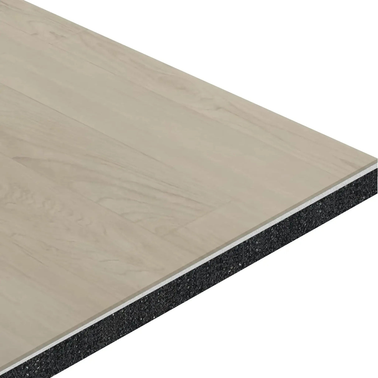 A close-up of the ECORE Baller Rally Laminate Roll - 14mm Class 2 Flooring by ECORE Athletic highlights its light wood-patterned surface and thick black underlayer, showcasing the flooring’s layered construction and materials.