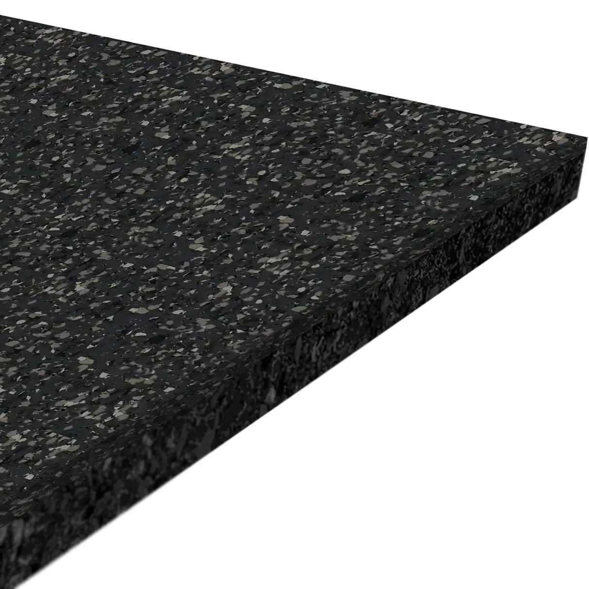 A close-up of the ECORE Performance Motivate Plus Rubber Roll - 10.5mm Flooring by ECORE Athletic shows its thick, rectangular black surface with gray speckles, highlighting its textured design and angled edge.