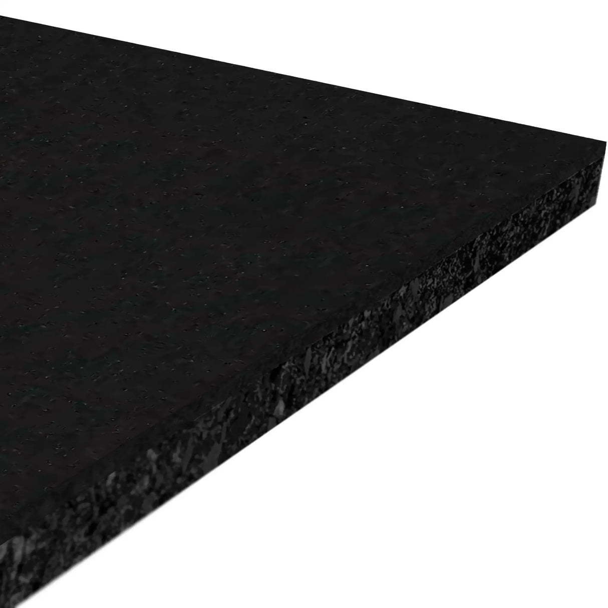 A close-up of the ECORE Performance Motivate Plus Rubber Roll - 10.5mm Flooring by ECORE Athletic shows its rectangular, black, textured rubber surface displayed at an angle against a white background.