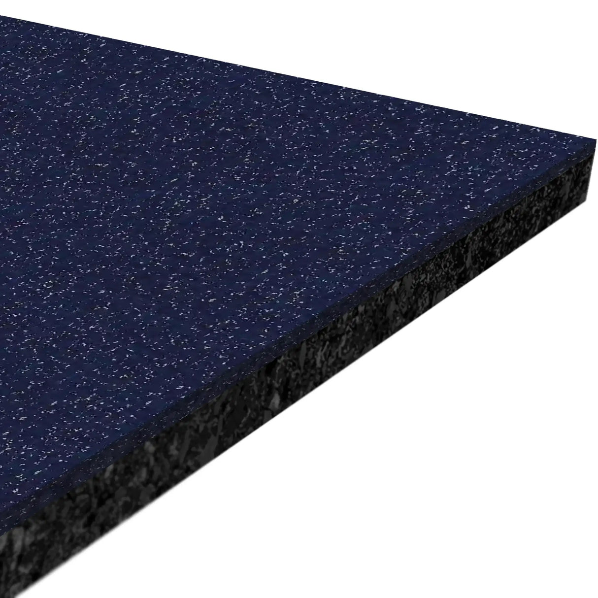 Close-up of the ECORE Athletic Performance Motivate Plus Rubber Roll - 10.5mm Flooring, showcasing its thick, textured dark blue speckled surface and black underside at an angle to highlight its layered structure.