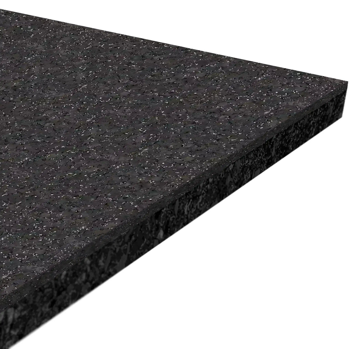 A close-up of the ECORE Performance Beast Plus Rubber Roll - 14.5mm Flooring by ECORE Athletic shows its thick, rectangular black mat with a speckled, textured surface and clean beveled edge against a white background.