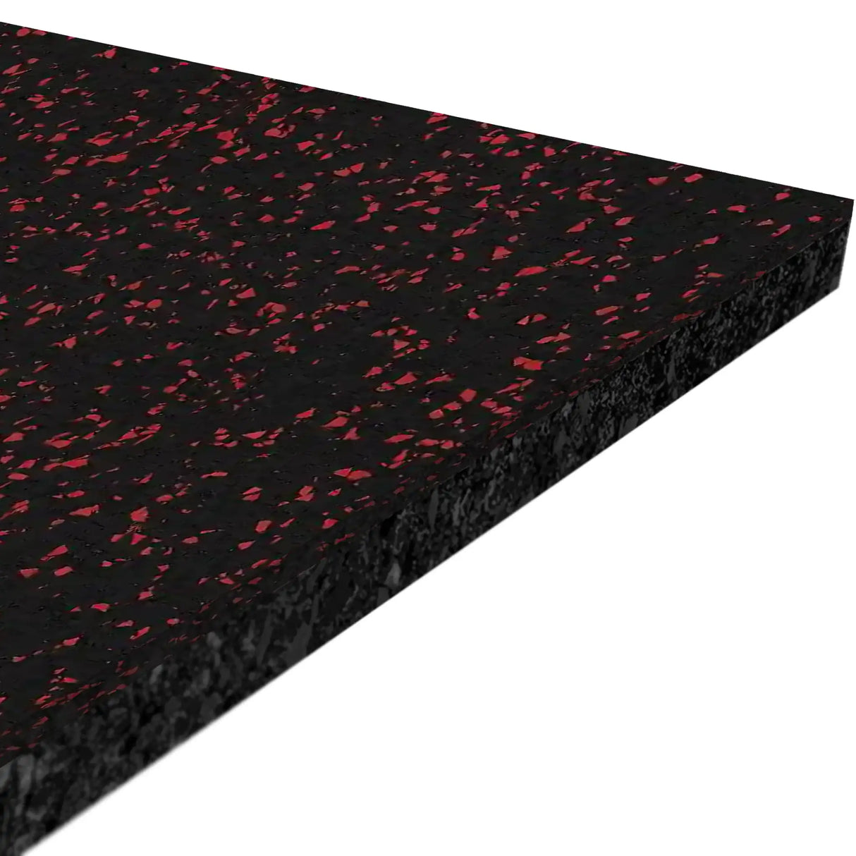 A close-up of the ECORE Performance Beast Plus Rubber Roll - 14.5mm Flooring by ECORE Athletic, a thick rectangular black mat with red speckles, shown angled on a white background.