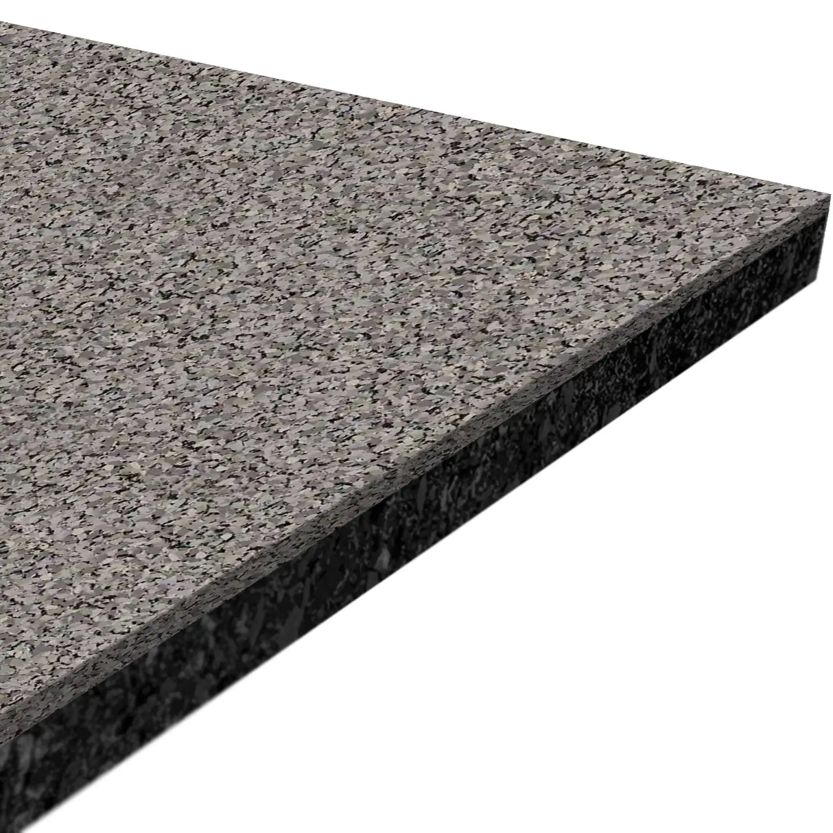 An angled close-up of the ECORE Performance Beast Plus Rubber Roll - 14.5mm Flooring by ECORE Athletic, featuring a rectangular slab with a speckled gray and black surface.