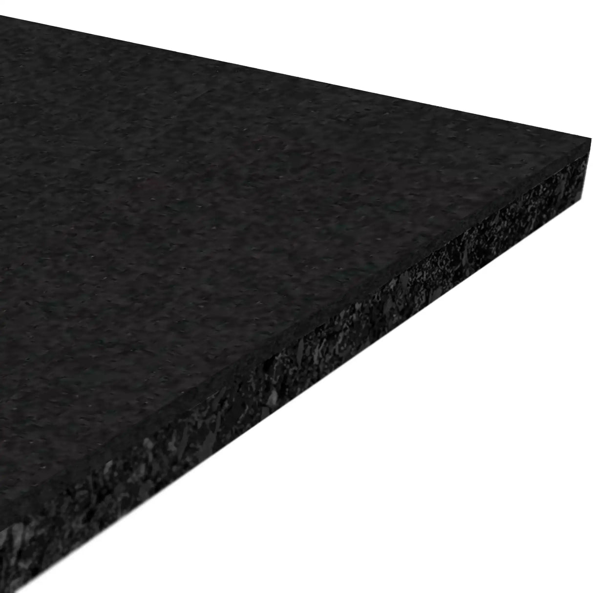 A close-up of the corner of an ECORE Performance Beast Plus Rubber Roll - 14.5mm Flooring by ECORE Athletic, showing its flat, rectangular shape with a polished black surface and textured edges on a white background.