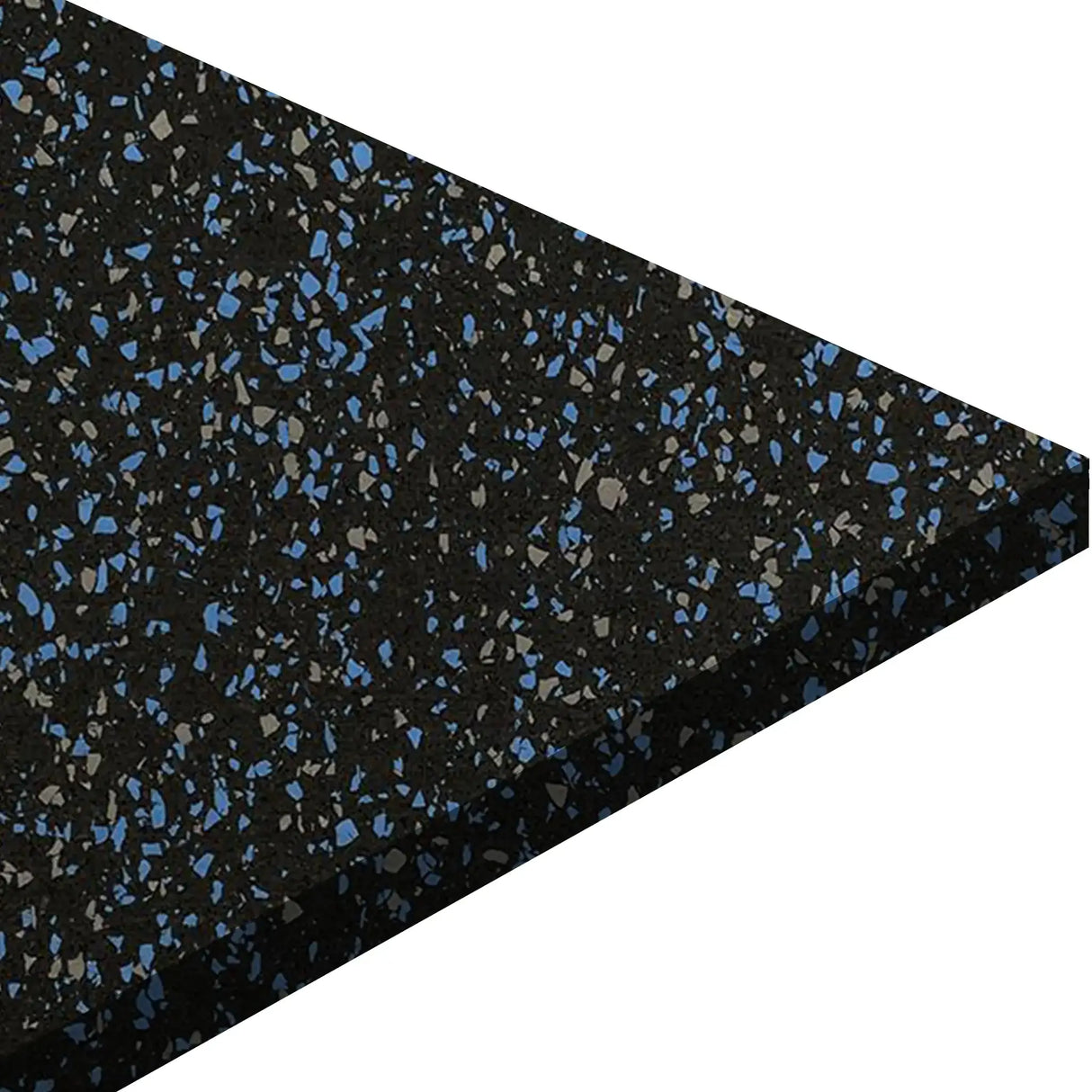 A close-up of the ECORE Blade Rubber Roll - 9mm Flooring by ECORE Athletic, featuring a black surface with blue and gray speckles, shown at an angle to highlight its thickness and textured design.
