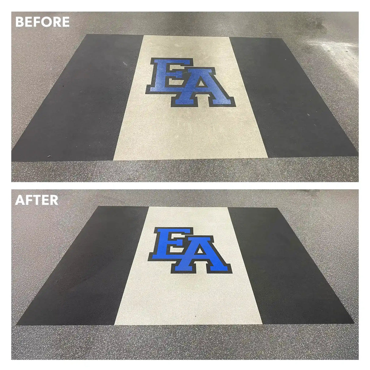 Before and after images of a blue EA floor logo: the top shows it faded, while the bottom is vibrant after using ECORE E-Cleaner All Purpose Floor Cleaner by ECORE Athletic.