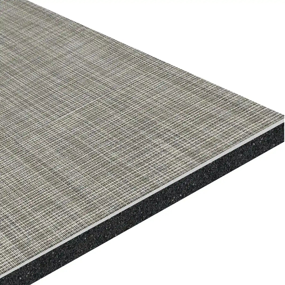 A close-up of the ECORE Ebb & Flow Motivate Laminate Roll - 6mm Class 1 Flooring by ECORE Athletic, featuring a rectangular sheet with a textured, grid-patterned surface and a solid dark base layer underneath.