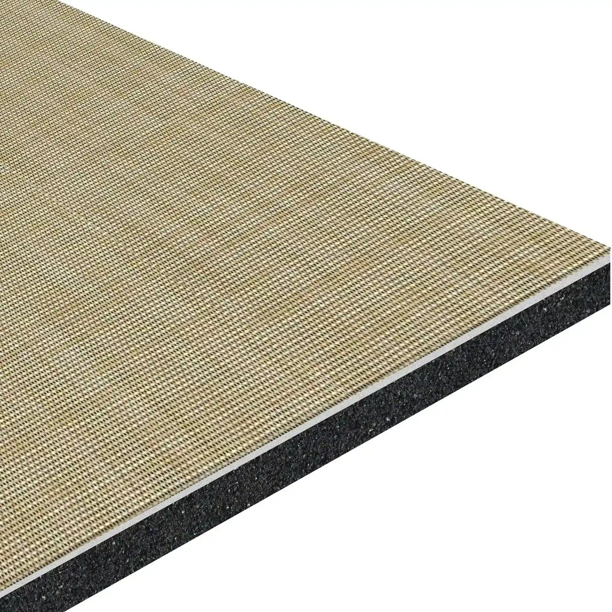 An angled close-up of ECORE Ebb & Flow Motivate Laminate Roll - 6mm Class 1 Flooring by ECORE Athletic reveals a beige textured top layer, solid black foam core, and thin white middle layer in its multi-layered construction.
